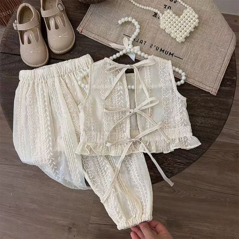 Girls Summer Breathable Set  New Fashion Casual Daily Princess 2-Piece Set Sleeveless Top and Loose Pants 80-140CM