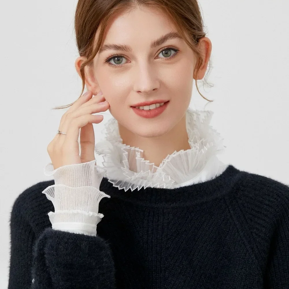 White Pleated Detachable Collar High Quality Comfortable Chiffon Woman Sweater Decorative Collar Sleeves