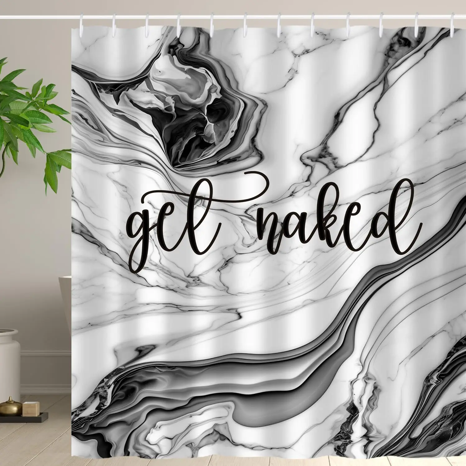 Black Marble Get Naked Shower Curtain, Funny Letter Printed Design,, Modern Luxury Texture Home Bathroom Decor for Daily Use