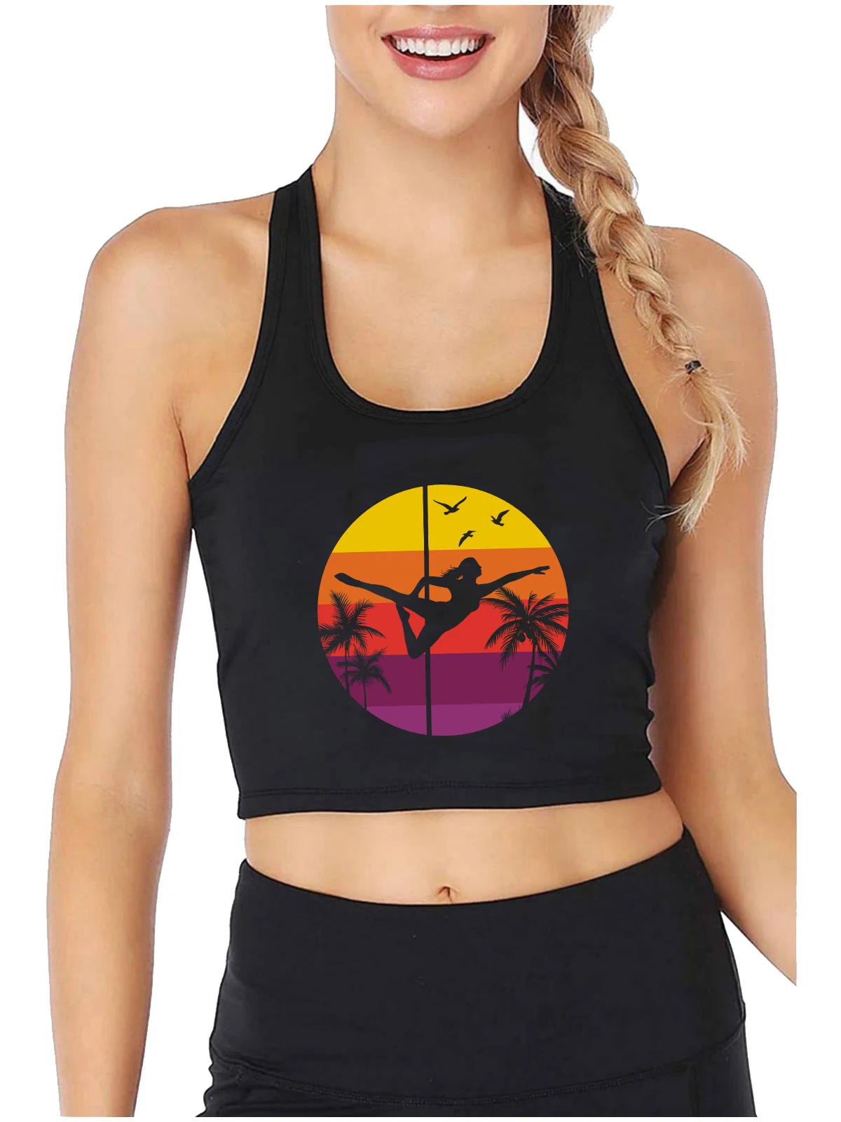 Sunset Background Pole Dance Graphic Sexy Fit Crop Top Hotwife Sports Fitness Dance Training Tank Tops Girl's Cotton Camisole