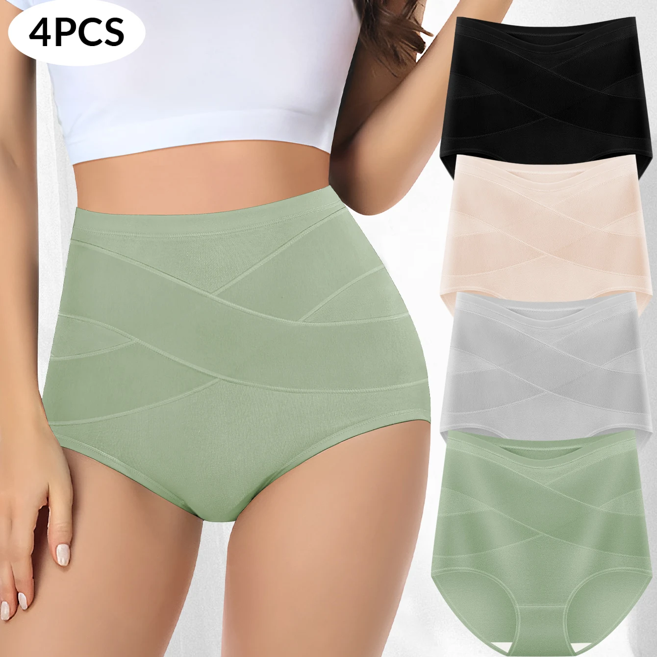 

4pcs High Waisted Women's Panties Comfortable Cotton Cross Tummy Tuck Breathable Skin Friendly Drawstring Triangle Pants