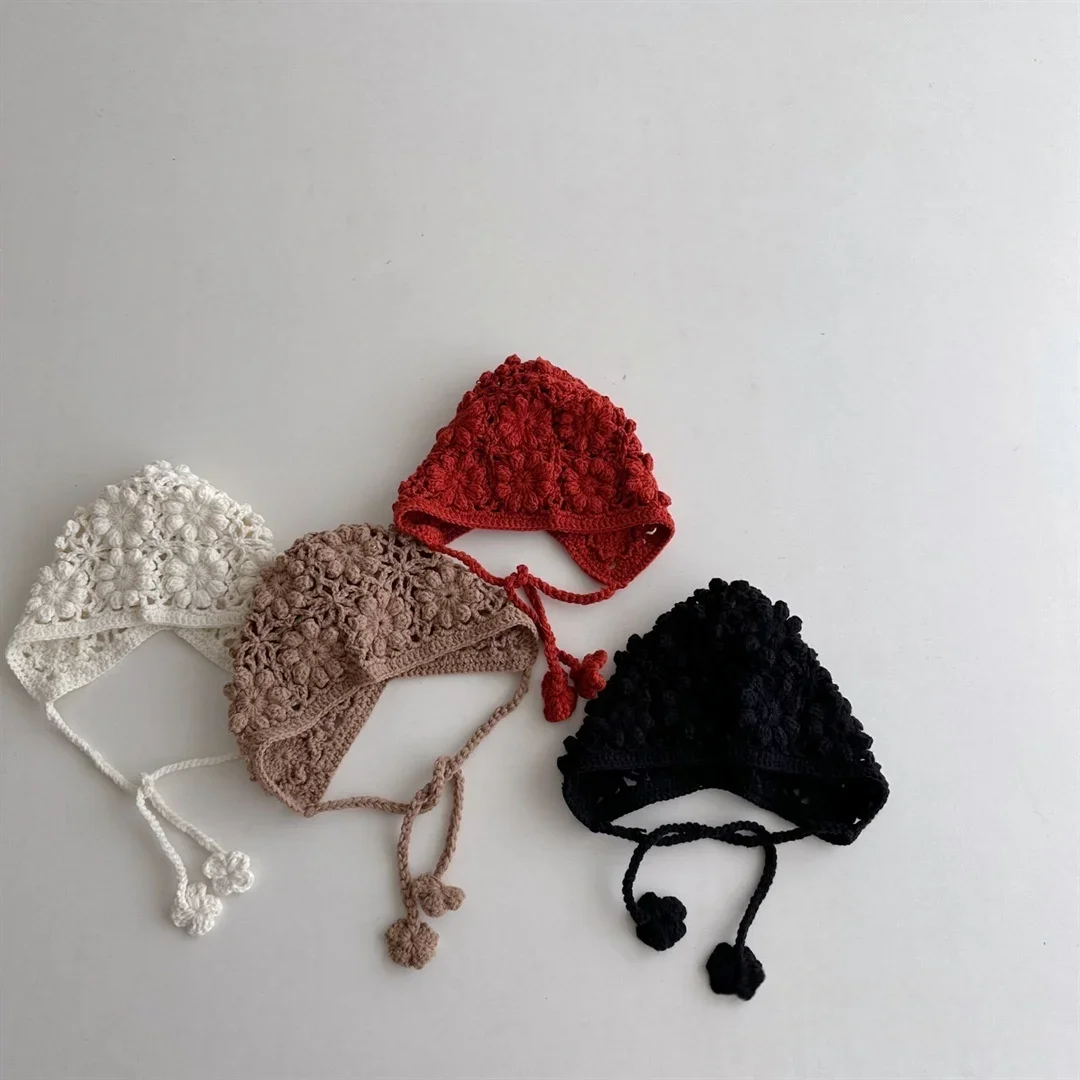 Knitted Baby Hat Kids Girls Handmade Crochet Ear Flap Beanie Cute Hollow Out Warm Spring Headwear Fashion Ear Protection Cap image 5