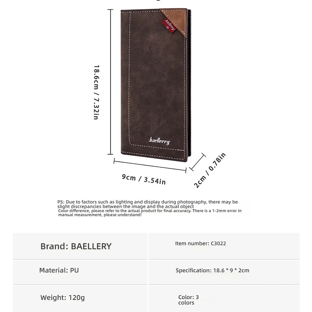 محفظة Baellerry Professional RFID للرجال، طويلة ثنائية الطي من جلد البولي يوريثان متعددة البطاقات ومنظم بدلة نحيفة بجيب مناسب #5