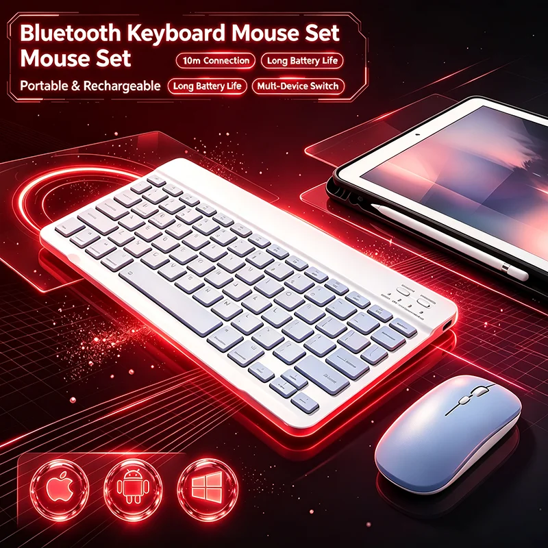 Bluetooth Wireless Keyboard and Mouse Combo Mini Rechargeable Portable for iPad Tablet Android iOS Windows Laptop PC