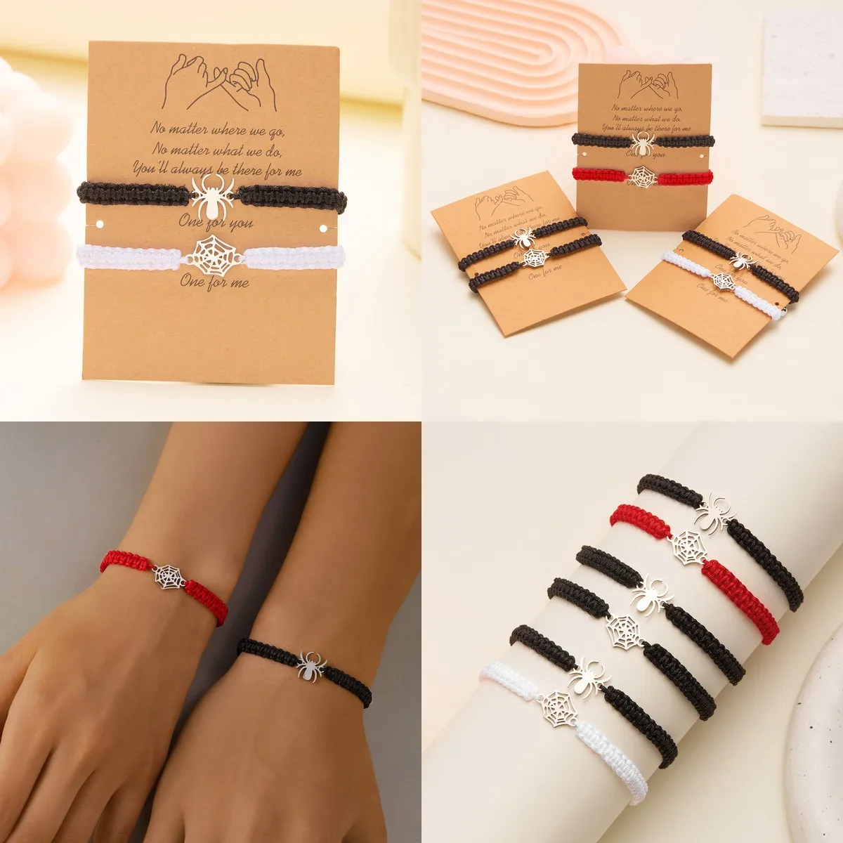 Spider Pendant Bracelet for Halloween, Braided Wristband for Women & Men, Minimalist Couple Bracelets, 2-Pack with Cardboard