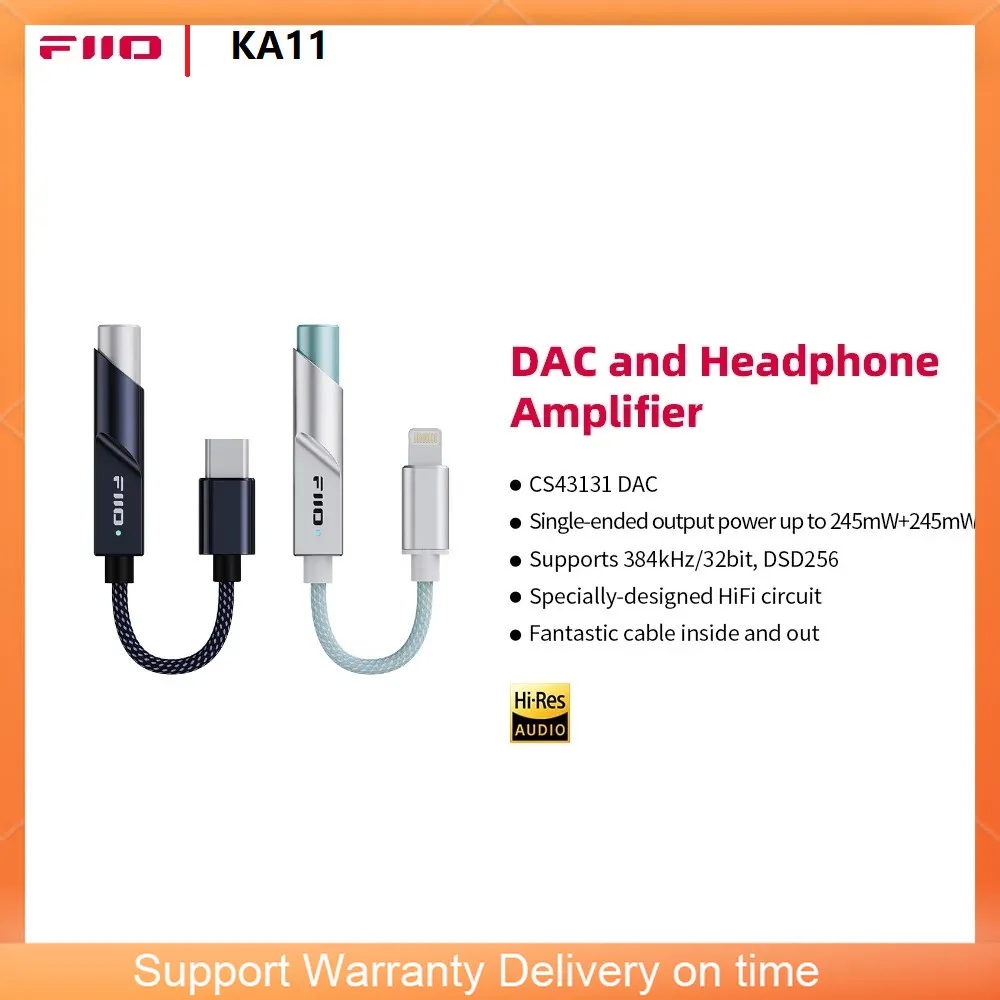 FiiO JadeAudio KA11 USB ЦАП Усилитель для наушников Hi-Res Audio Type-C к адаптеру 3,5 мм USB-ключ DAD256 для Android/iOS Smsl