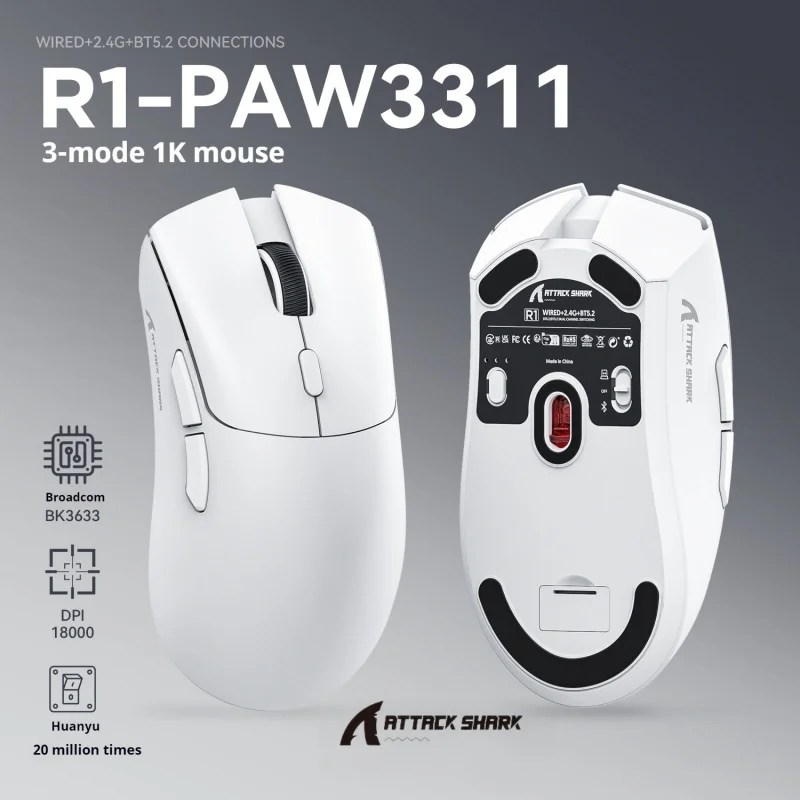 

Игровая мышь Attack Shark R1, 18000dpi, скорость возврата 1000 Гц, трехрежимное соединение, PAW3311, макро игровая мышь, ускорение 40 г, красная