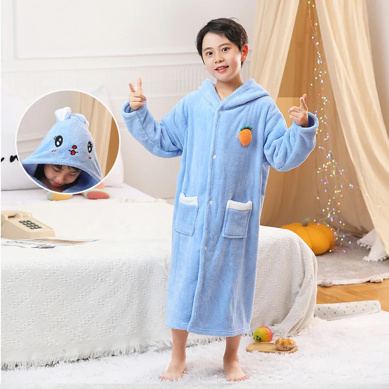 

Winter Thick Robe For Children Cute Cartoon Hooded Long Robe Boy And Girl Home Wear Sleepwear Kawaii Flannel Warm Comfy Bathrobe
