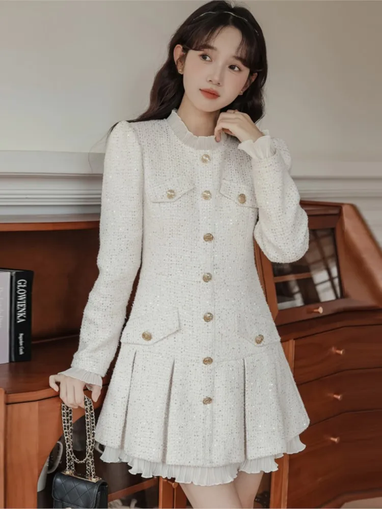 French Vintage Coat Dresses for Women Long Sleeve O-neck Ruffles A-line Short Dress Autumn Spring Korean Chic Vestidos Mujer New
