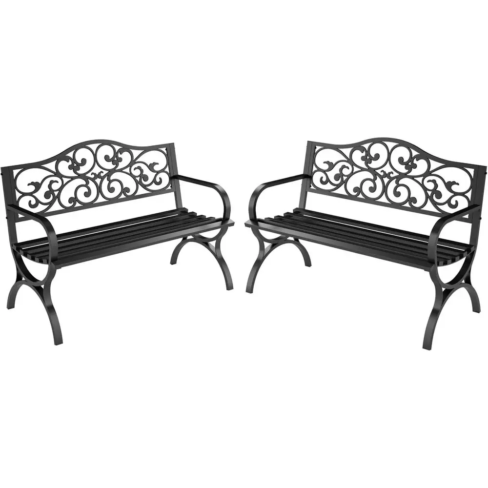 

MSTUDIO Outdoor Metal Bench Set o 2, 50 Inches Outdoor Garden Bench, Cast Iron Metal e Patio Park Bench with loral Backrest, Arc