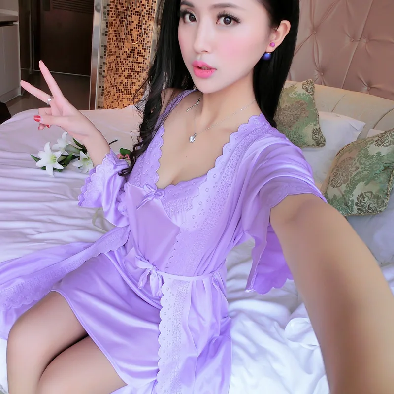 Camisolas de seda e renda para mulheres, conjuntos de roupões e vestidos de duas peças, camisola feminina, roupas de lingerie luxuosas, pijamas