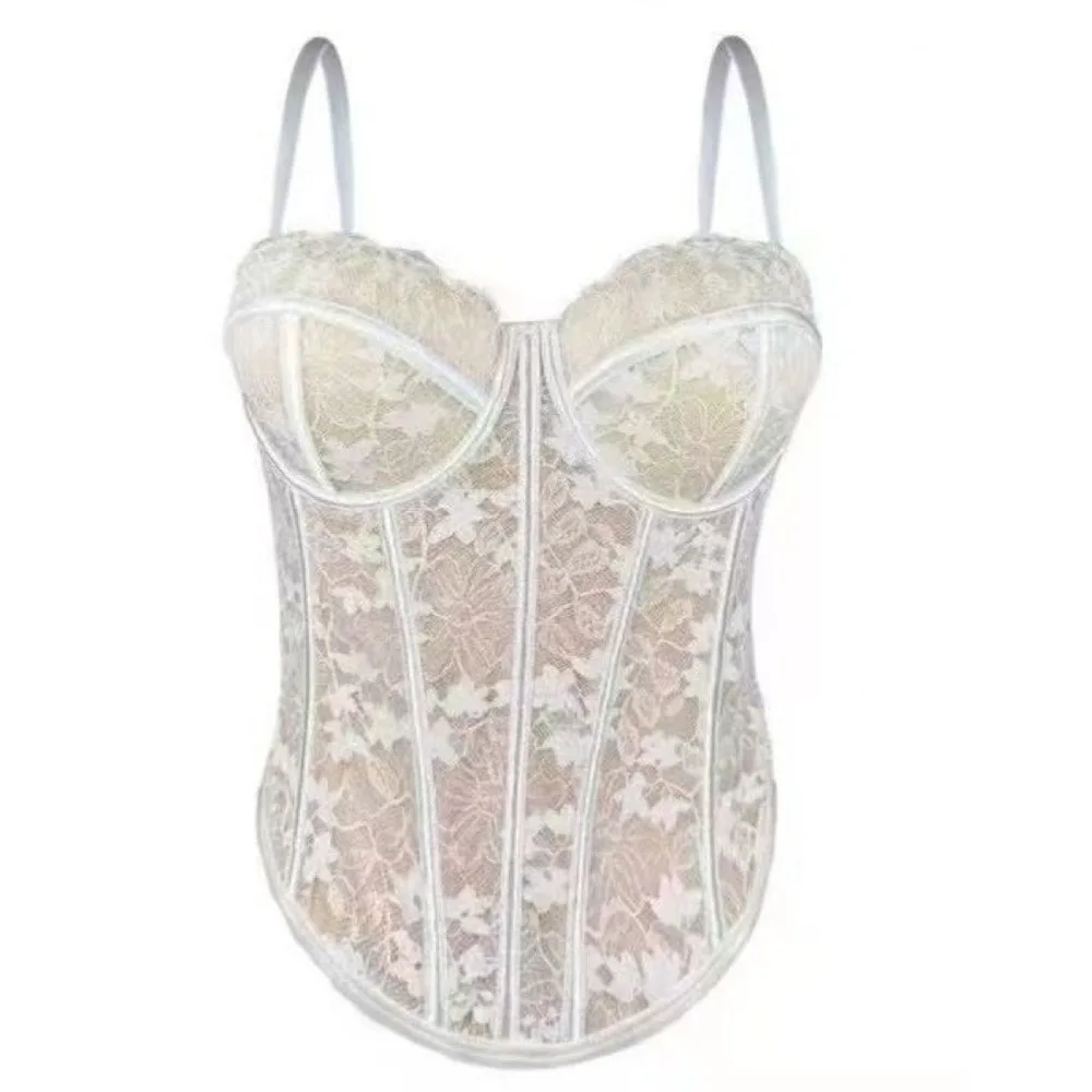 Mesh Flower Slim Lace Crop Top Bottoming Shirt Fishbone Lace Corset Sleeveless Spicy Girls Style Camisole with Pads Women