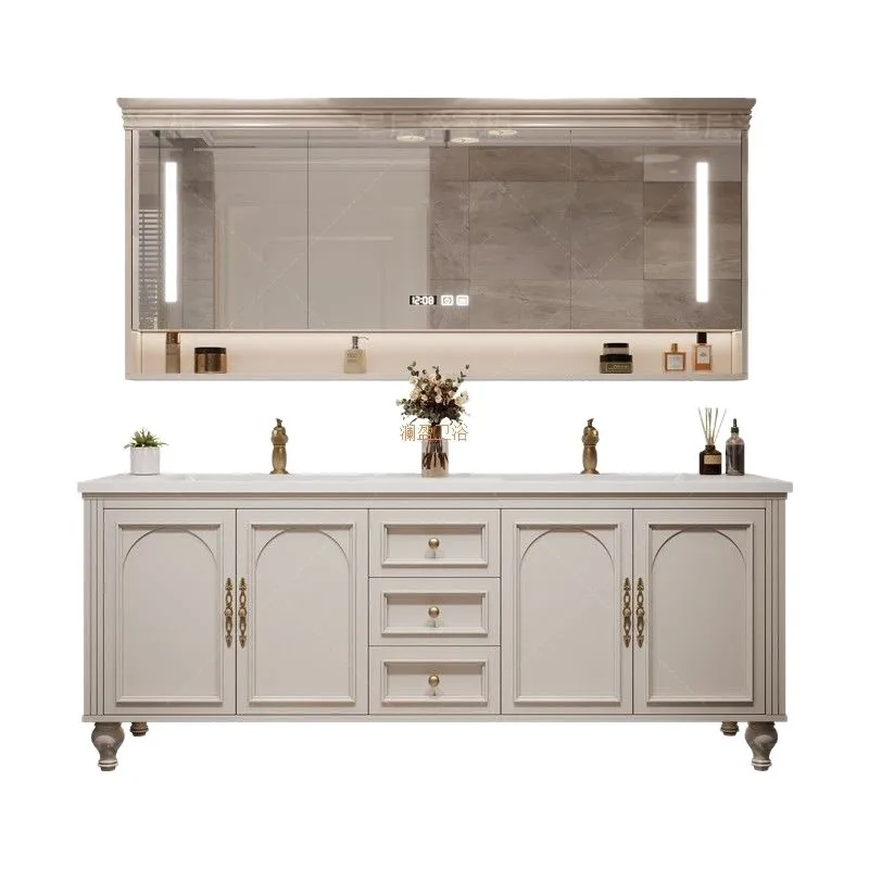 French floor-to-ceiling bath cabinet rock slab seamless washing table grade anti-fog lighting European mirror cabinet