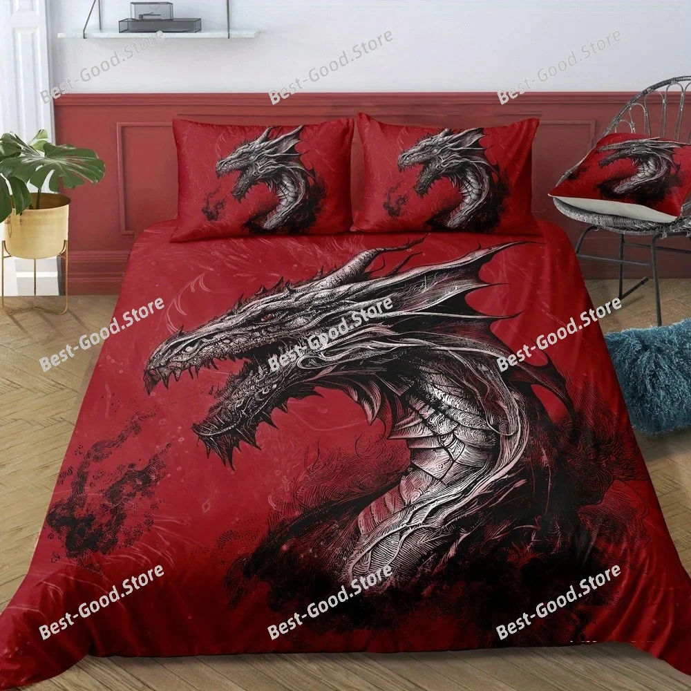 Red Black Dragon Printed Duvet Cover Sets Queen Chinese Dragon Pattern Bedding Set 3 Pieces Comforter Cover Sets Bedroom Decor
