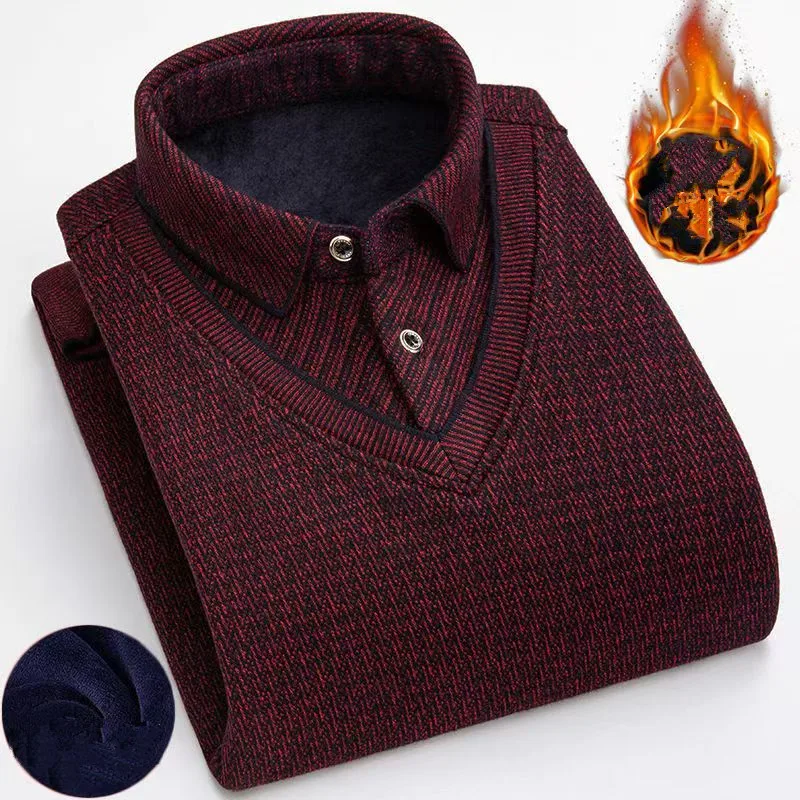 2025 Winter fleece and thickened men's sweater, long-sleeved shirt with collar, middle-aged knitted base shirt, 6 colors