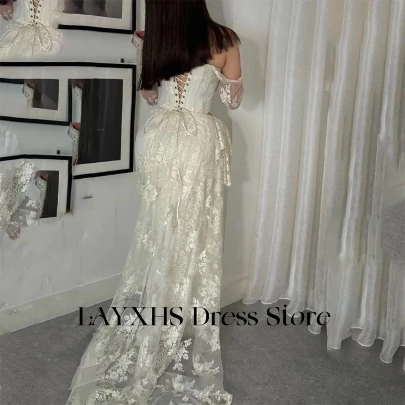 Koronkowe sukienki wieczorowe na jedno ramię z długim rękawem, syreni krój, wycięcie z boku, rozcięcie, falbany, sukienki na studniówkę, szyte na miarę فستان سهرة نسائي