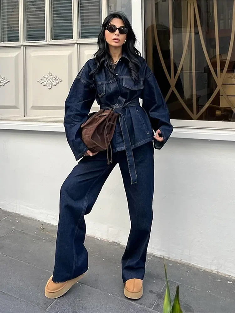 

Chic Denim Lapel Jacket Long Pant Woman's Set Retro Single Breasted Jackets With Belt Straight Trouser Sets Lady Classic Outfits