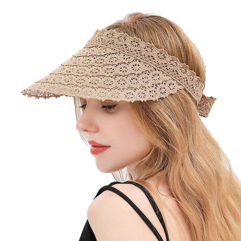 Women Empty Top Hat Summer Solid Color Sweet Lace Hollow Out Large Brim Sunscreen Hat Outdoor Sports Sun Cap