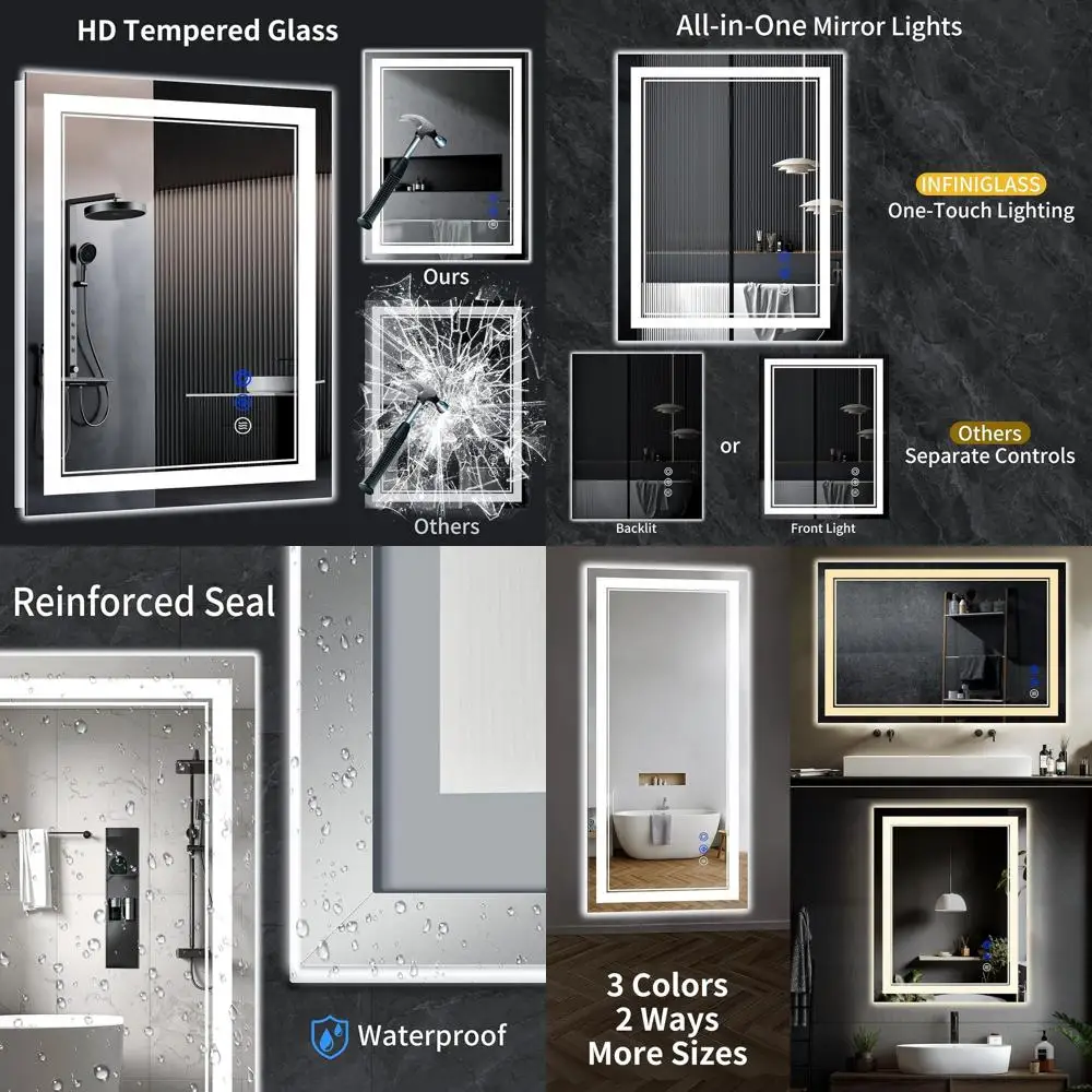 

Противотуманное светодиодное зеркало для ванной комнаты, 36x36, бесступенчатое затемнение, 3 цветовых режима, небьющееся закаленное стекло, память и водонепроницаемость