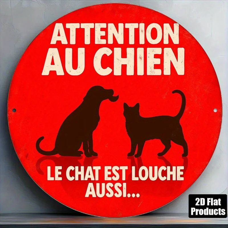 Panneau de signalisation français « Attention, chien et chat » rond rouge/blanc, plaque métallique française avec alerte chien et chat pour la maison, le bureau
