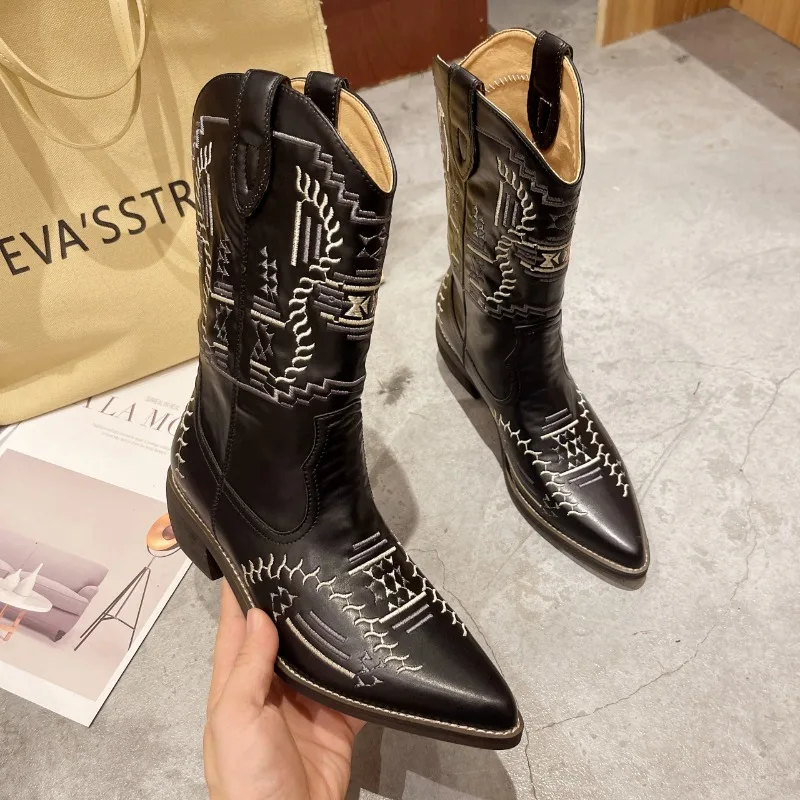 Western Cowboy Boots Women 2023 Winter New Fashion High Heel Pointed Toe Shoes Female slip on Mid-Calf Boots Zapatos De Mujer