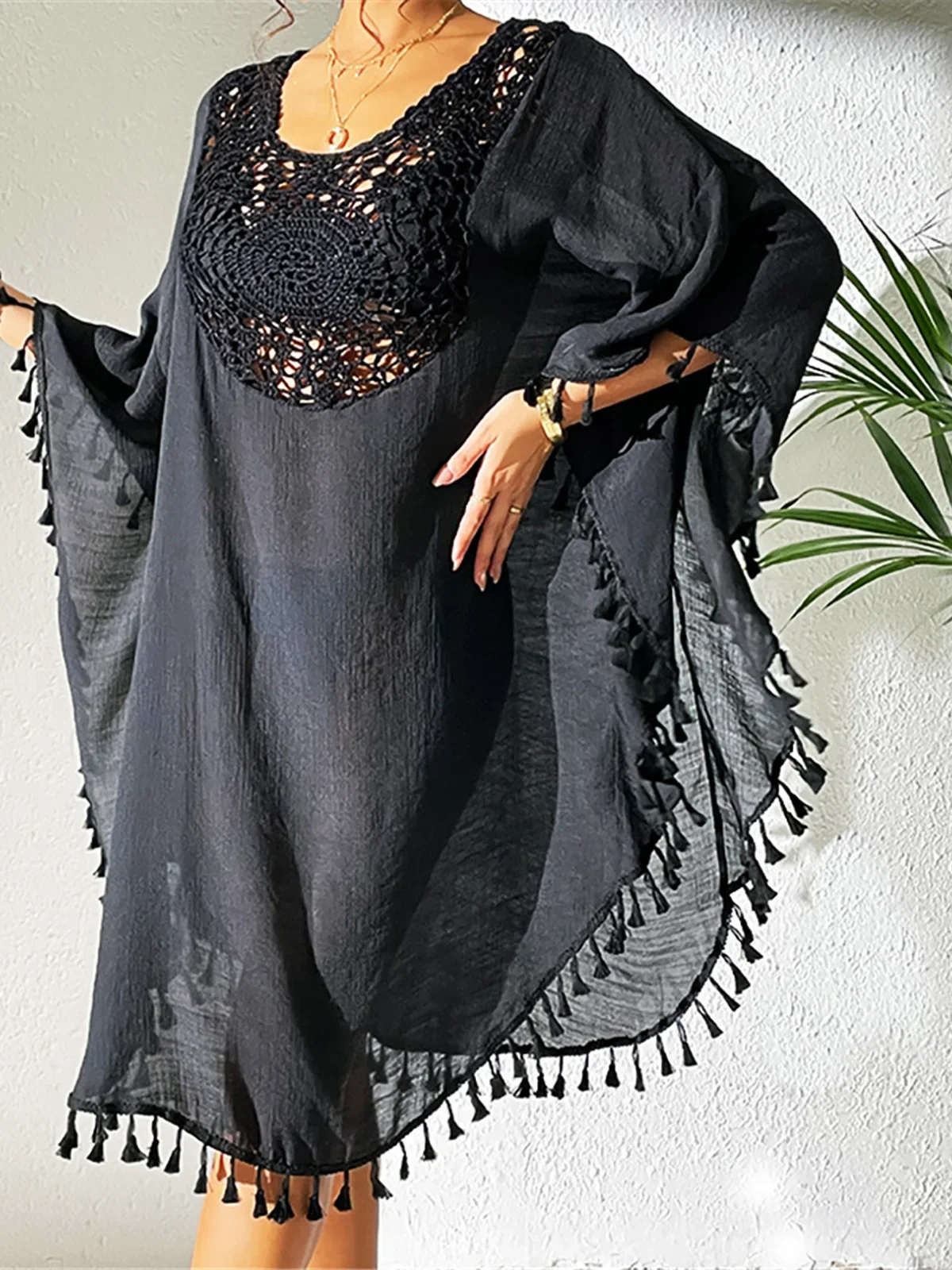 

New Fringe Tassel Embroidery Half Sleeve Tunic Beach Cover Up Cover-ups Long Beach Dress Beach Wear Beachwear Female Women K5328