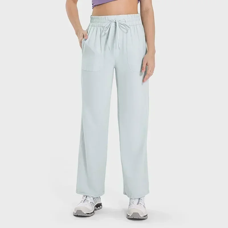 Lemon Summer Women Wide Leg Pants High-waist Sport Casual Loose Fit Straight Pants Quick dry Drawstring Walking Workout Trousers