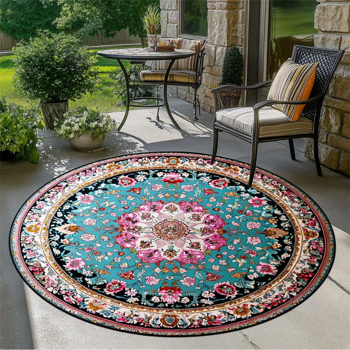 Large Round Floral Pattern Area Rug Outdoor Patio Turkish Bohemian Style Indoor Living Room Carpet Home Decor Mat
