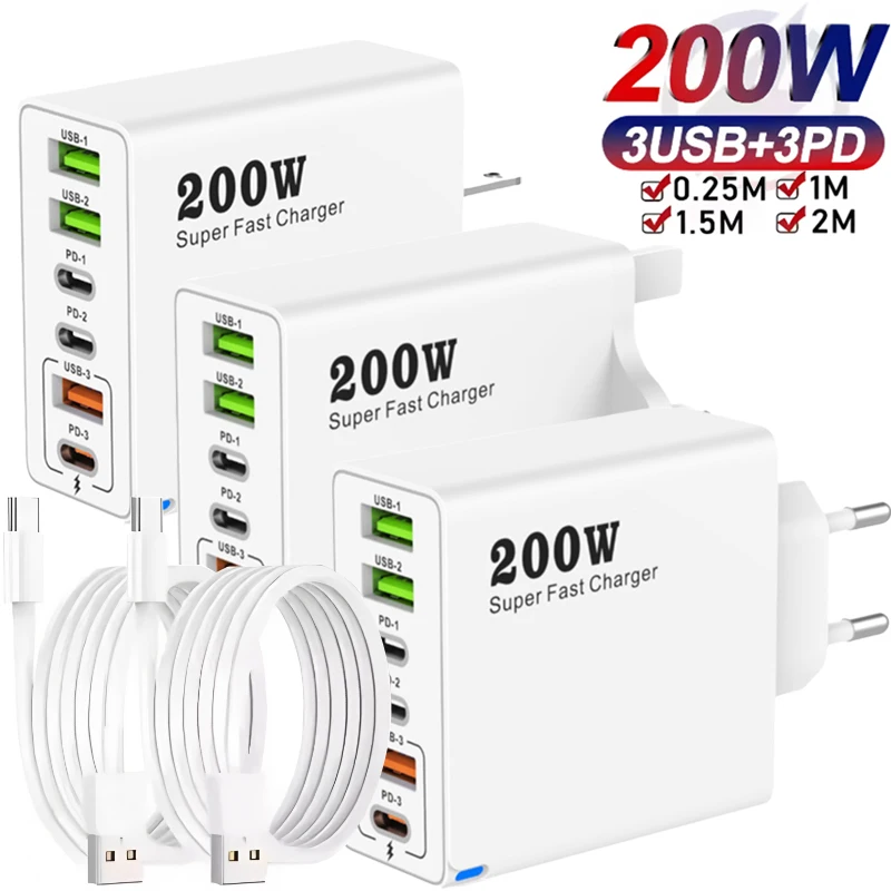 

6 Ports 200W USB C PD Charger Super Fast Charging PD3.0 USB C Type C Mobile Phone Charger For iPhone 16 15 Samsung Xiaomi Huawei