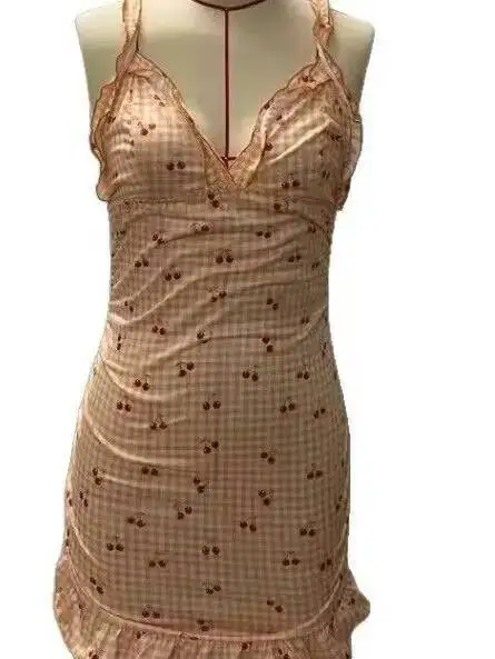 น่ารักเชอร์รี่พิมพ์ตารางลูกไม้ชุดBacklessลึกVแขนกุดริ้วรอยที่หางชุดCharming Pure Desire PE09