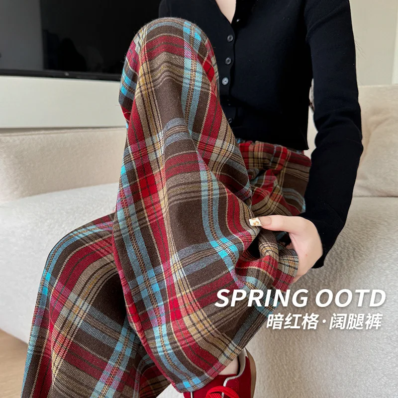 

Красные клетчатые брюки в стиле ретро для женщин, весна и осень2025Новые повседневные прямые свободные брюки с высокой талией и широкими штанинами в ленивом стиле