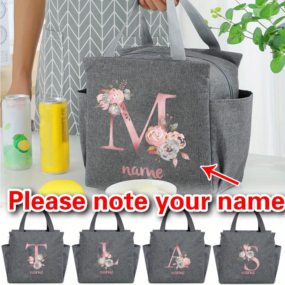 

Customized Name Insulated Grey Lunch Bag Personalized Aluminum Foil Bento Rose Gold Letter Lunch Bag Insulated Picnic Food Bag