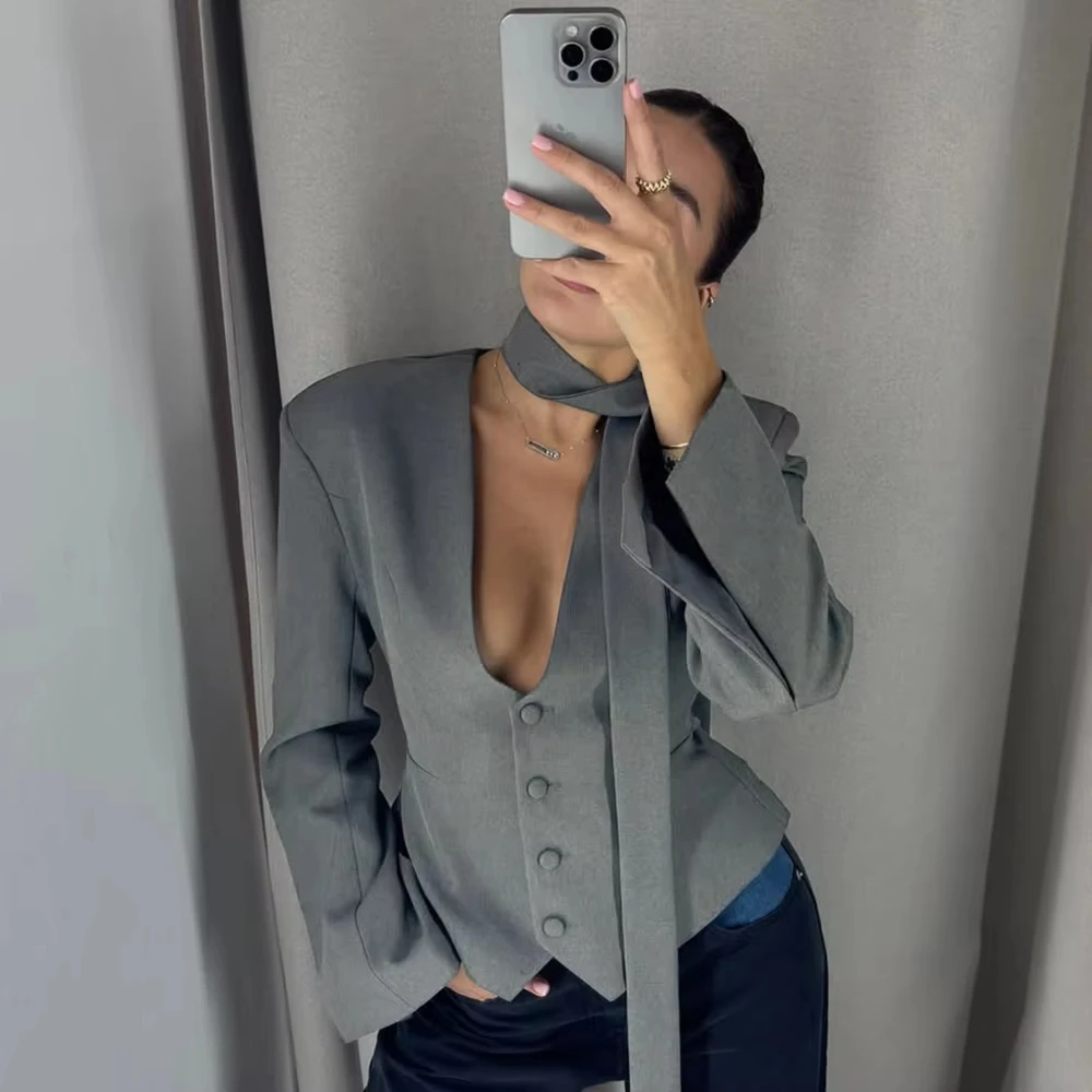 Single Breasted Coat Women's V Neck Scarf With Long Sleeve Waist-Cinching Blazer Jacket Lady Casual Slim Commute Coat