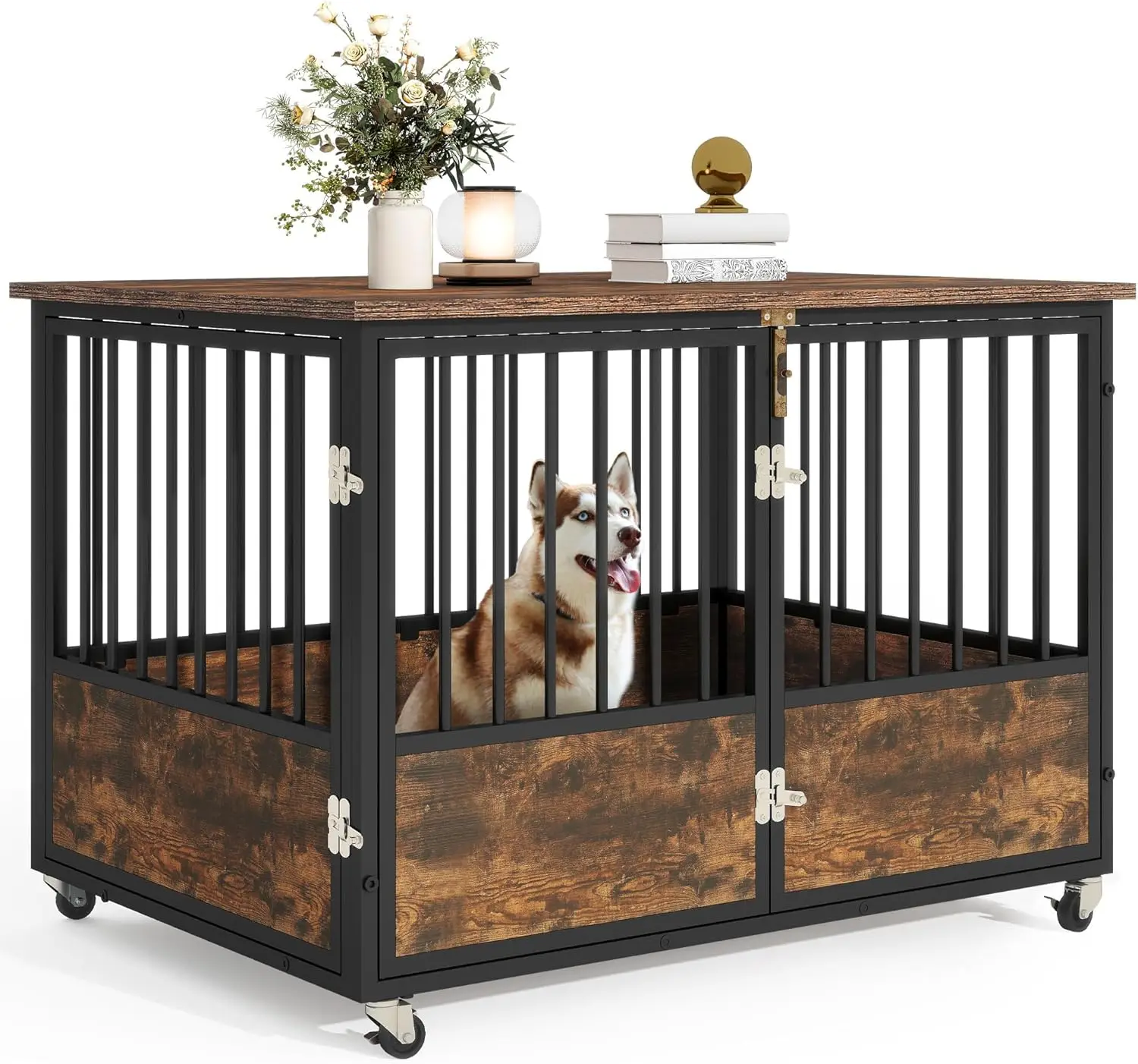 Indoor Use, Wooden, Rustic Brown Dog Crate Furniture with Wheels - Chew-Resistant, Double-Doors