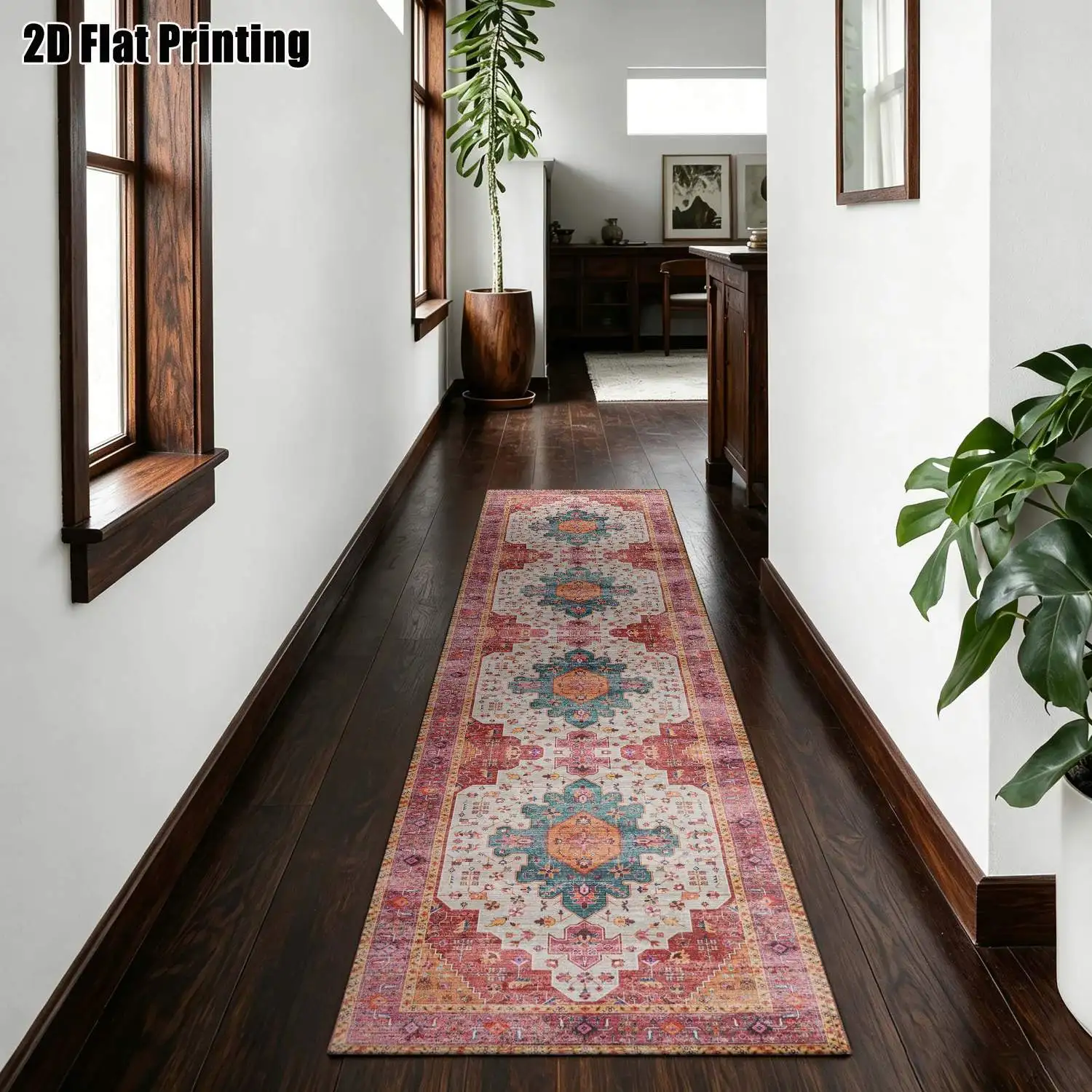 1Pc 2D Printed Long Strip Runner Rug: Vintage Pink Green Floral, European/Bohemian/Geometric Simple Style, Home Decor, Multi-Size, Machine Washable, for Entryway, Hallway, Bedroom, Kitchen