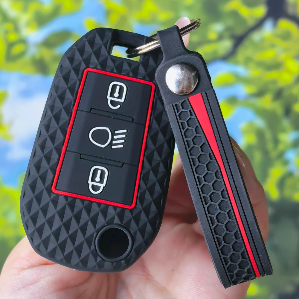 Racing Style Red Outline Diamond Silicone Key Shell With Keychain For Peugeot 208 2008 308 3008 508 408 Citroen C3 C4 C5 C6 C8