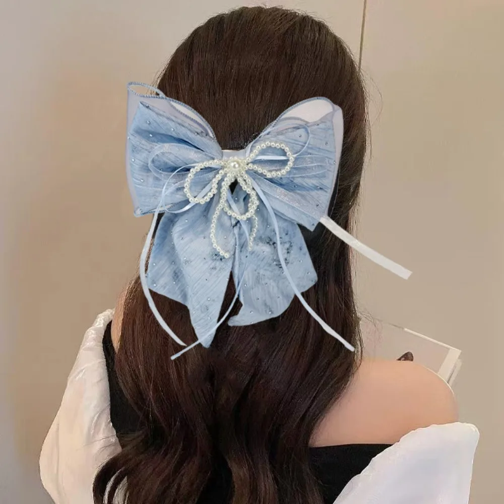 

New Arrival Mesh Fabric Bow Hair Clips Fashion Pearl Butterfly Spring Clip Wedding Party Hairpins Hair Accessories for Women
