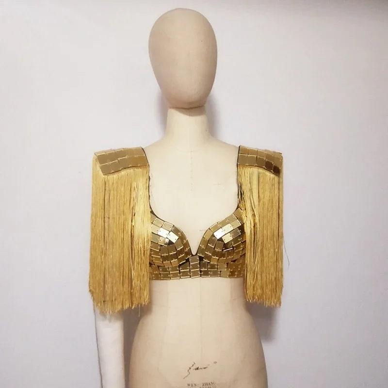 Gold Silver Tassel Mirror Vest High Waist Shorts Bar Stage Performance Costume Sequins Waistcoat DJ Singer Jazz Dance Outfits