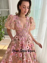 Flower printed sheer evening dress 2024 short sleeved V-neck formal party dress