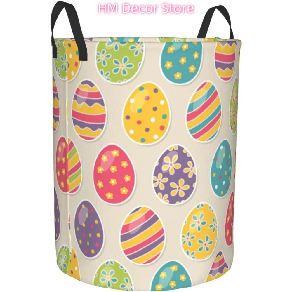 Easter Color Eggs Laundry Basket with Handle Waterproof Collapsible Cloth Hamper Round Storage Basket for Bathroom Bedroom Colle