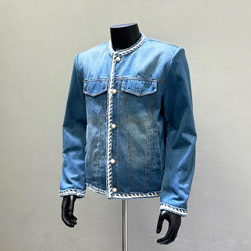 Men's Vintage Denim Jacket with Textured Round Neck and Cropped Fit for Textured Layering and Modern Casual Wardrobes