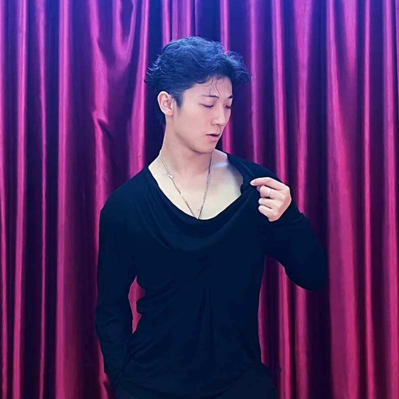 

Male Latin Dance Top Men Modern Dance Swing Collar Long Sleeve Top Adult Latin Samba Chacha Dance Wear Practice Suit DQL10950