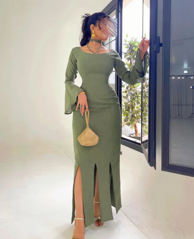 Индивидуальное высокое качество с длинными рукавами и квадратным воротником с разрезом до щиколотки, зеленое длинное женское вечернее платье Grace Robe De Soirée Femme