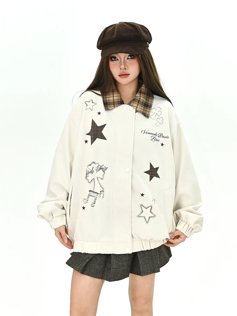 

Женская свободная куртка Lazy Star с клетчатым воротником в корейском стиле, для пар, в университетском стиле, модная уличная одежда