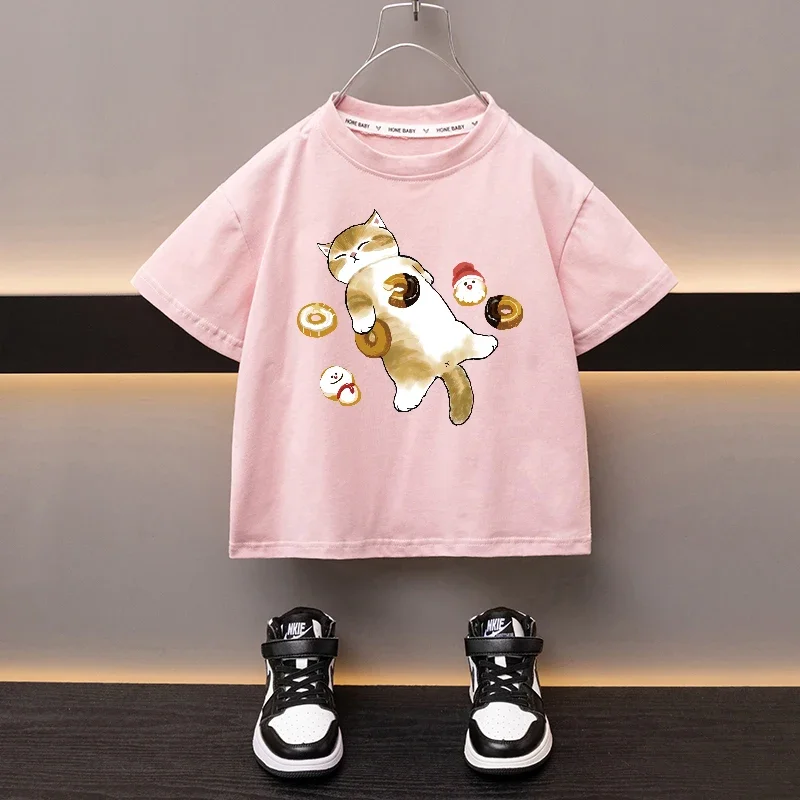 Summer Boys Girls Cotton T-shirt New Product Dress Up Cat Pink Tees Sweat-absorbing Breathable Cartoon Top Children's Clothes