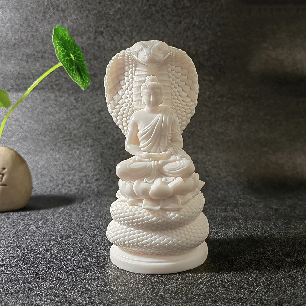 Ivory fruit carving Tathagata Buddha Statue, snake protecting Buddha Ornament, Chinese Zen decorations for home, living room