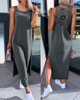 Womens Dresses 2024 Summer Fashion Slit Hollow-Out Casual Plain Round Neck Sleeveless Daily Straight Mid-Calf Dress