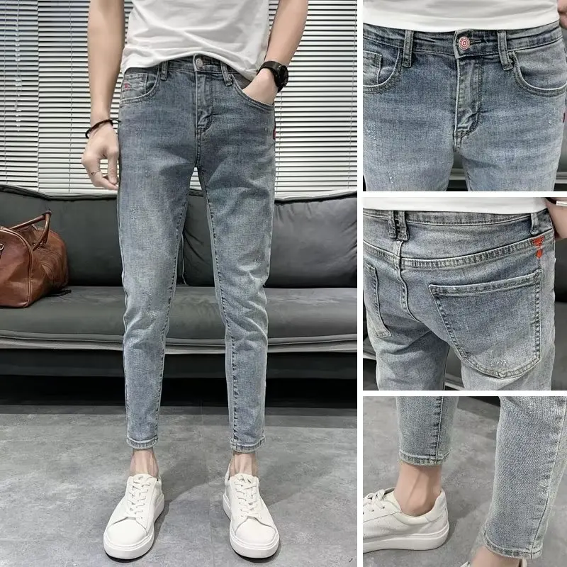 

Мужские летние тонкие джинсы Slim Fit: повседневные, укороченные (до щиколотки), модные, брендовые, из хлопка, эластичные, со средней посадкой, на молнии, молодежные