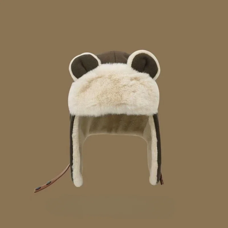 Зимняя защитная шапка с милым медведем, чепчики в японском стиле, утолщенная теплая велосипедная шапка для альпинизма, лыжная шапка для пары