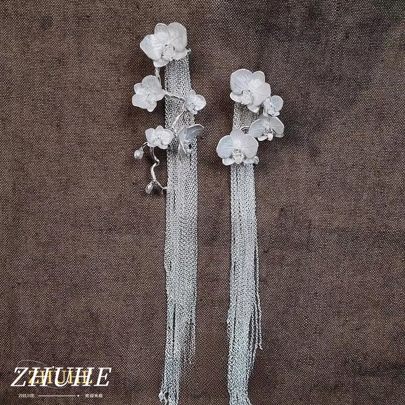 Elegante Kupfer-Schmuckaccessoires für Damen und Herren, Vintage-Orchideen-Blumen-Quasten-Ohrringe, handgefertigte lange Tropfenohrringe aus Kupferlegierung